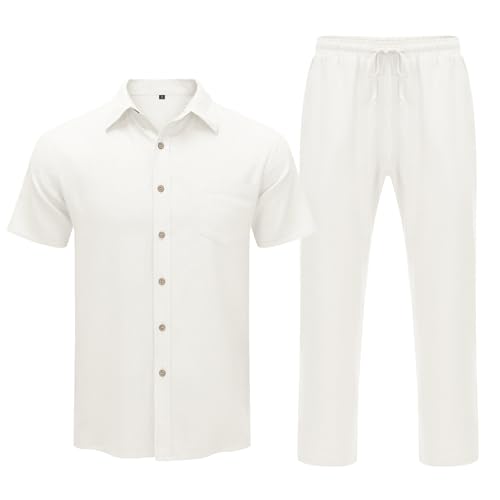 URRU Men’s 2 Piece Linen Outfit Summer Beach Set White XL - Short Sleeve Shirt & Pants