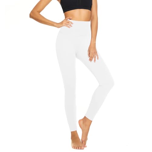 High Waist Leggings for Women - Tummy Control Yoga Pants, Full Length, Small-Medium, White