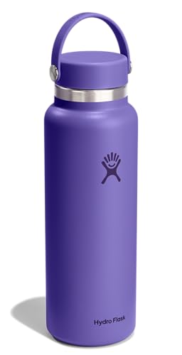 Insulated 40 Oz Water Bottle with Leakproof Lid - Purple Wide Mouth Hydration Flask