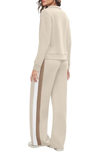 Women 2 Piece Lounge Set - Small Beige Travel Sweatsuits Wide Leg Pants