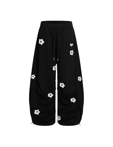Medium Black Baggy Wide Leg Sweatpants with Flower Embroidery - Casual Y2K Lounge Trousers