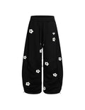 Medium Black Baggy Wide Leg Sweatpants with Flower Embroidery - Casual Y2K Lounge Trousers