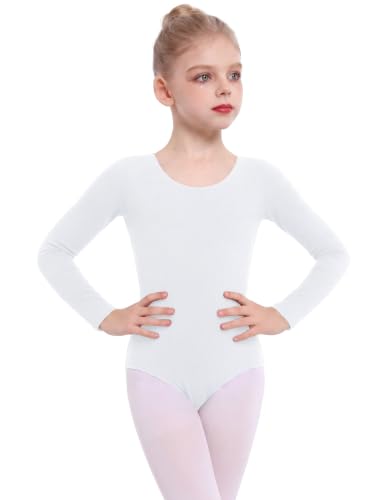 Girls Long Sleeve Ballet Leotard for Dance Gymnastics - White 6-7 Years