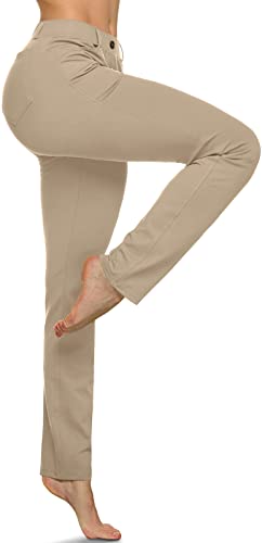 Women's Yoga & Dress Pants - Medium Petite Khaki Business Casual Slacks with 4 Pockets