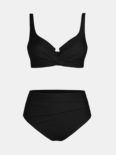 CUPSHE Women's High Waist Bikini Set with Underwire - Black, Large