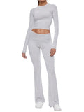 Women's Long Sleeve Lounge Set with Flare Pants - Light Gray, Medium Regular