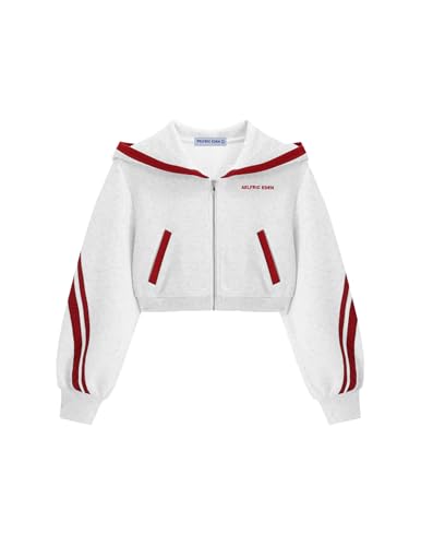 Aelfric Eden Cropped Contrast Stripe Zip Up Hoodie - Medium Short Grey - Y2K Style