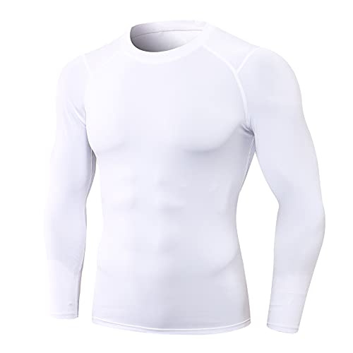 Men's Compression Long Sleeve Athletic Shirt Large White Quick Dry Workout Base Layer