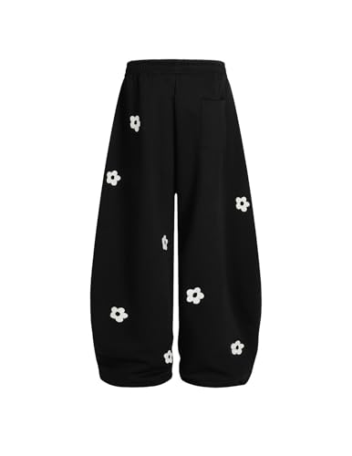 Medium Black Baggy Wide Leg Sweatpants with Flower Embroidery - Casual Y2K Lounge Trousers