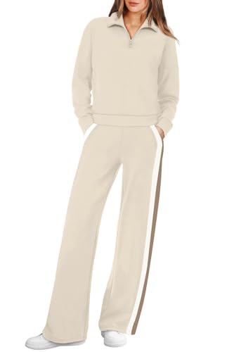 Women 2 Piece Lounge Set - Small Beige Travel Sweatsuits Wide Leg Pants