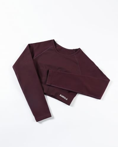 AUROLA Women's Seamless Long Sleeve Crop Top Workout Shirt - Medium Black Cherry