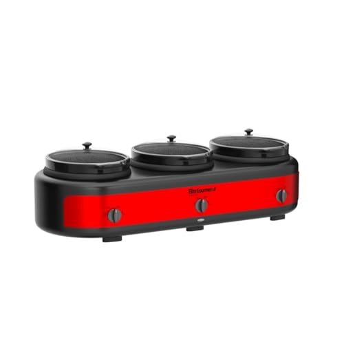 Elite Gourmet Red Triple Slow Cooker Buffet Server, 3 x 2.5 Qt, Multi-Use Kitchen Appliance