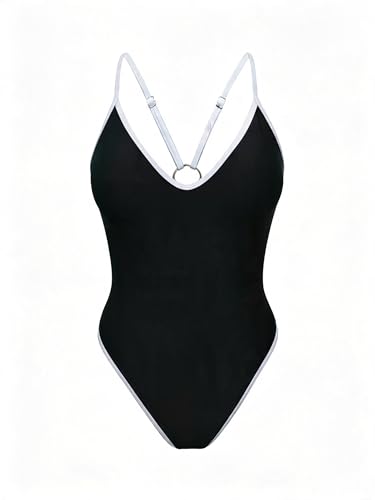 Women’s Cheeky V-Neck One-Piece Swimsuit – Medium, 173 White & Black