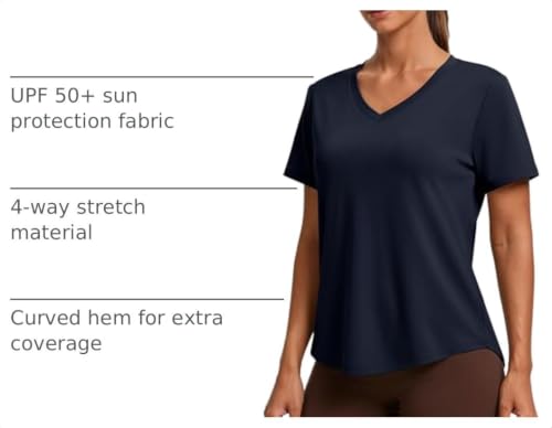 PINSPARK V Neck Workout Tops for Women Short Sleeve Quick Dry Shirt Large Dark Navy