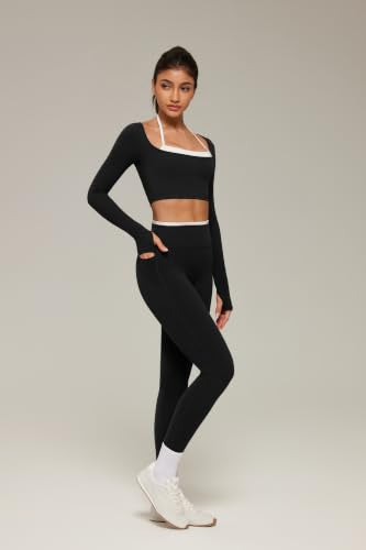 Layered Workout Sets for Women with Pockets Halter Pilates Gym Set - Black Medium