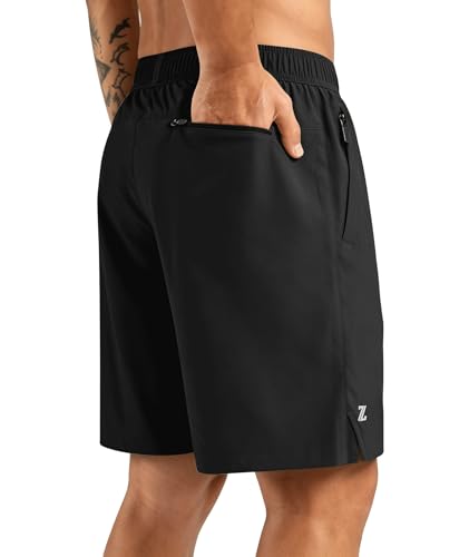 Men's 7 Inch Quick Dry Athletic Running Shorts - Large, Black with 3 Zipper Pockets