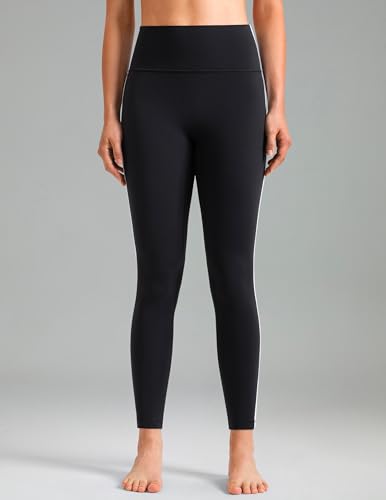 High Waist Yoga Leggings with Contrast Trim - Black, Large, 25" Inseam