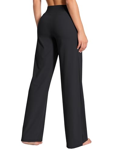 Women High Waist Wide Leg Yoga Pants with Pockets - Loose Sweatpants, 31" Inseam, Large, Black