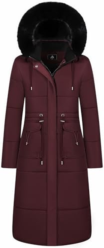 MOERDENG Women's XXL Dark Red Waterproof Winter Puffer Coat - Maxi Down Jacket