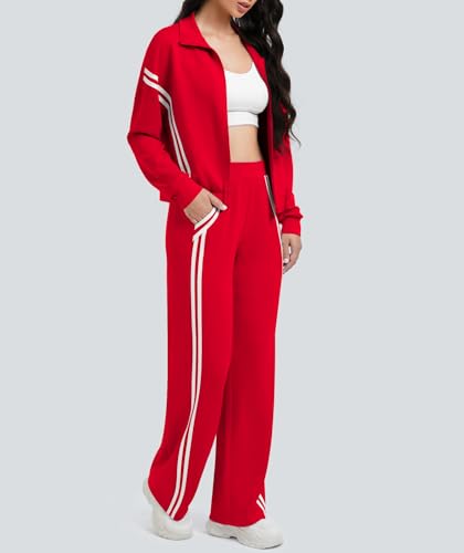 Women's 2 Piece Lounge Sets Zip Up Sweatshirt & Striped Tracksuit - Medium Red