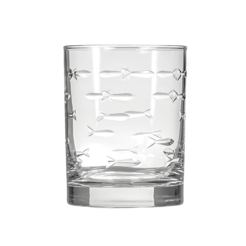 13oz Double Old Fashioned Whiskey Glass Set of 4 - Fish Design, Lead-Free, Engraved, Made in USA