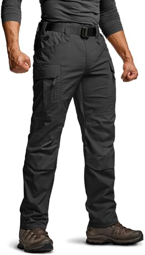 Men's Flex Stretch Tactical Cargo Pants - Water-Resistant Ripstop, Lightweight, 38W x 34L, Tempest Black