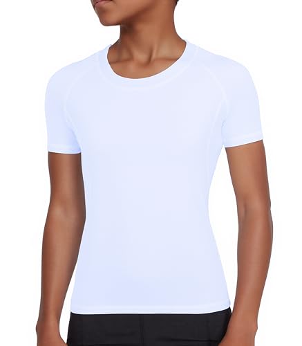 Youth Boys Compression Shirt Short Sleeve Athletic Base Layer - Medium White