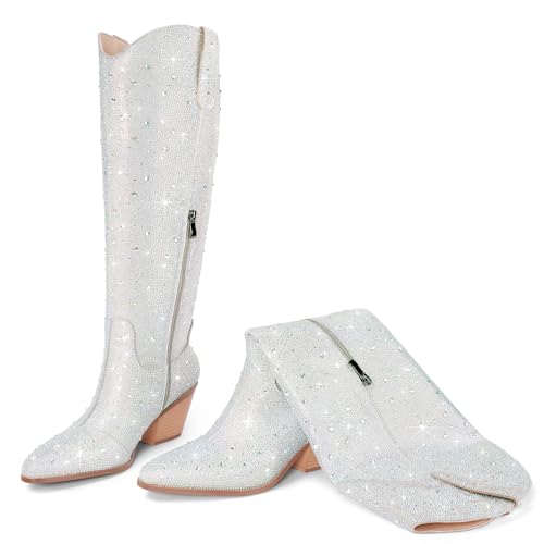 RONILURN Rhinestone Cowboy Boots Women Sparkly Ankle Cowgirl Boots - Multicolor, Knee High