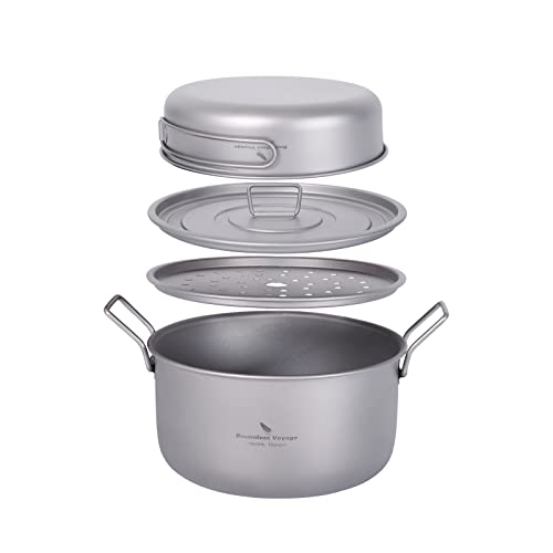 Boundless Voyage 1900ML Titanium Camping Steamer Pot with Frying Pan & Vented Lid