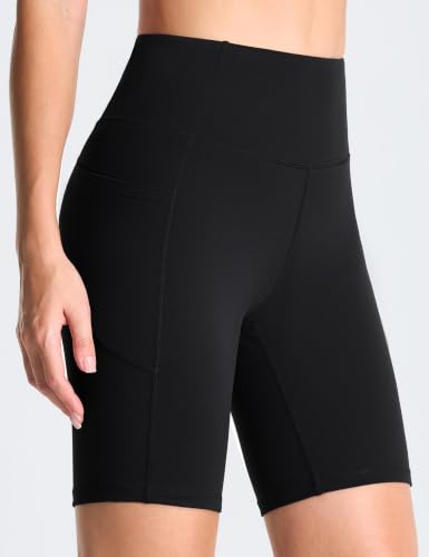High Waist Yoga Shorts for Women with Tummy Control & Deep Pockets - Black 8" Medium
