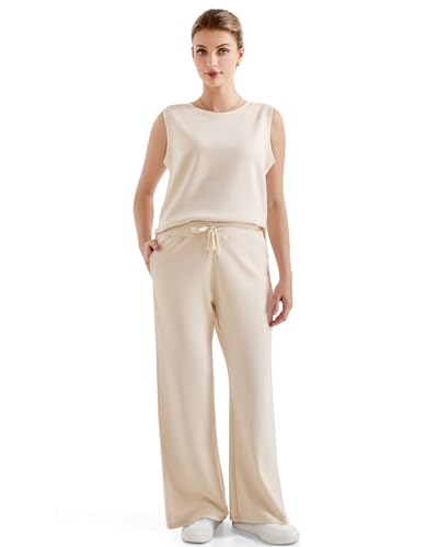 Women’s 2-Piece Lounge Set - Wide Leg Sweatpants & Sleeveless Top, Medium Apricot