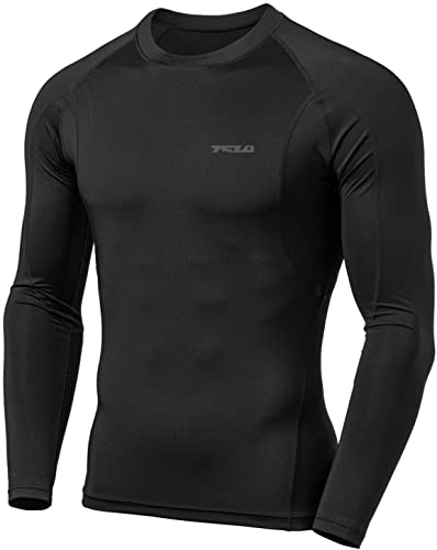 TSLA Men's UPF 50+ Compression Shirt - Athletic Black XL, Long Sleeve Workout Top