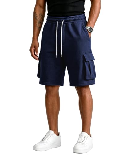 Men's Cargo Sweat Shorts - Athletic Baggy Shorts with 5 Pockets - Medium Navy Blue