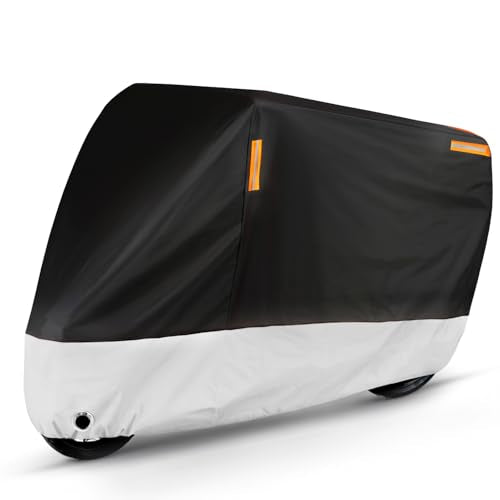 Heavy Duty Waterproof Motorcycle Cover with Reflective Strips & Lock Holes - Fits Up to 105 Inch Bikes