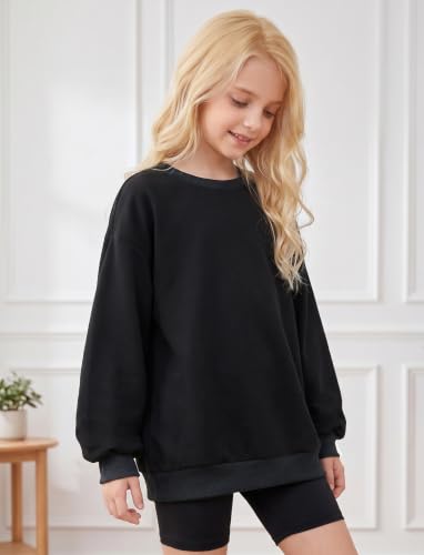 Girls Oversized Cotton Blend Sweatshirt - Lightweight Pullover, 13-14 Years, Black