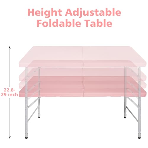 Pink 4 FT Folding Plastic Table with Carry Handle - Indoor/Outdoor Portable Rectangle Table
