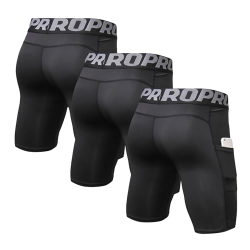 Men's Compression Shorts with Phone Pocket - Running Gym Yoga Athletic Tights, Summer Cool & Dry, Medium / Black Pack