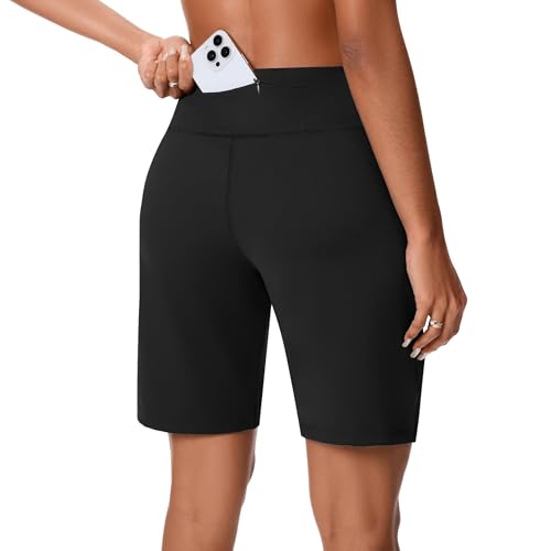 Women’s Bermuda Shorts with Zipper Pocket High Waist Long Athletic Shorts - Large Black
