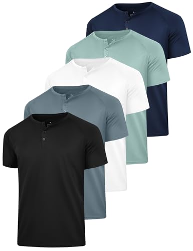 Men's Henley Shirt 5 Pack - Moisture Wicking Breathable Short Sleeve Basic T-Shirts