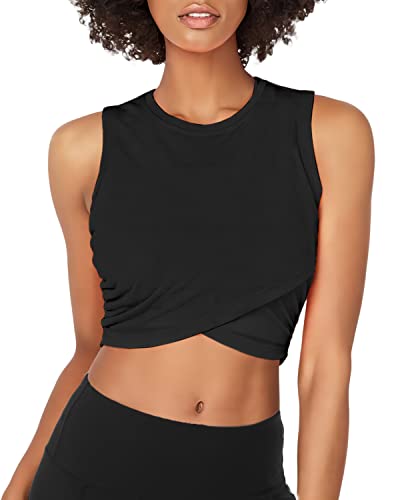 Cross Front Workout Crop Tops for Women Fitted - Small Black