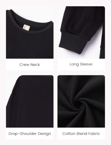 Girls Oversized Cotton Blend Sweatshirt - Lightweight Pullover, 13-14 Years, Black