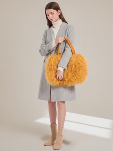 Women Luxury Real Curly Mongolian Lamb Fur Purse - Camel Variation