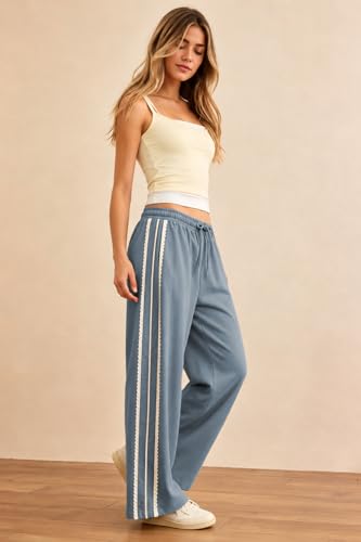 Large Dusty Blue Stripe Lace Trim Wide Leg Sweatpants for Women - Drawstring Activewear