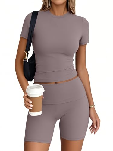 Women's 2-Piece Workout Short Set - Summer Activewear, Coffee Grey, Small