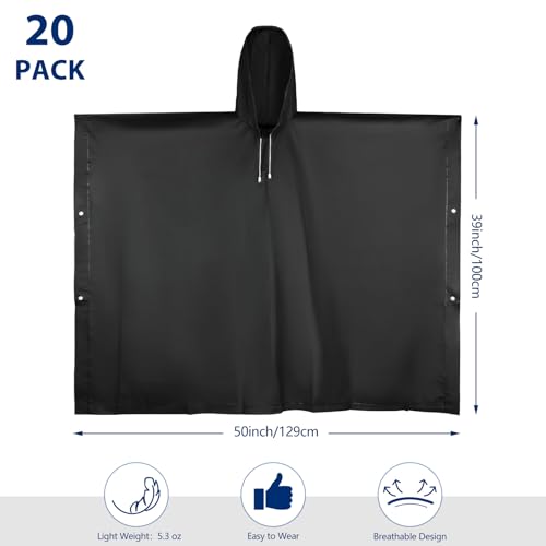 Black Reusable Adult Rain Ponchos - 20 Pack Waterproof Waterproof Raincoat with Hood
