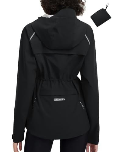 Women's Waterproof Rain Jacket - Packable Lightweight Cycling Coat - Black, Medium