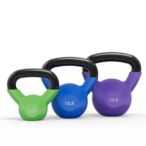 Mikolo Neoprene Coated Cast Iron Kettlebell Set 5/10/15 LB with Wide Handle & Flat Base