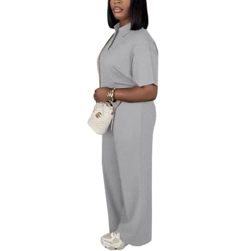 Women's 2 Piece Lounge Sets Polo Shirt & Wide Leg Pants, Grey, Small