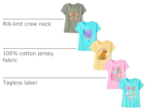 Children's Place Girls' Short Sleeve Graphic T-Shirts 5-Pack Medium Bow Heart Candy Bear Food Capybara
