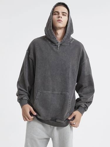 X-Large Mens Oversized Acid Wash Hoodie Cotton Pullover Streetwear Grey